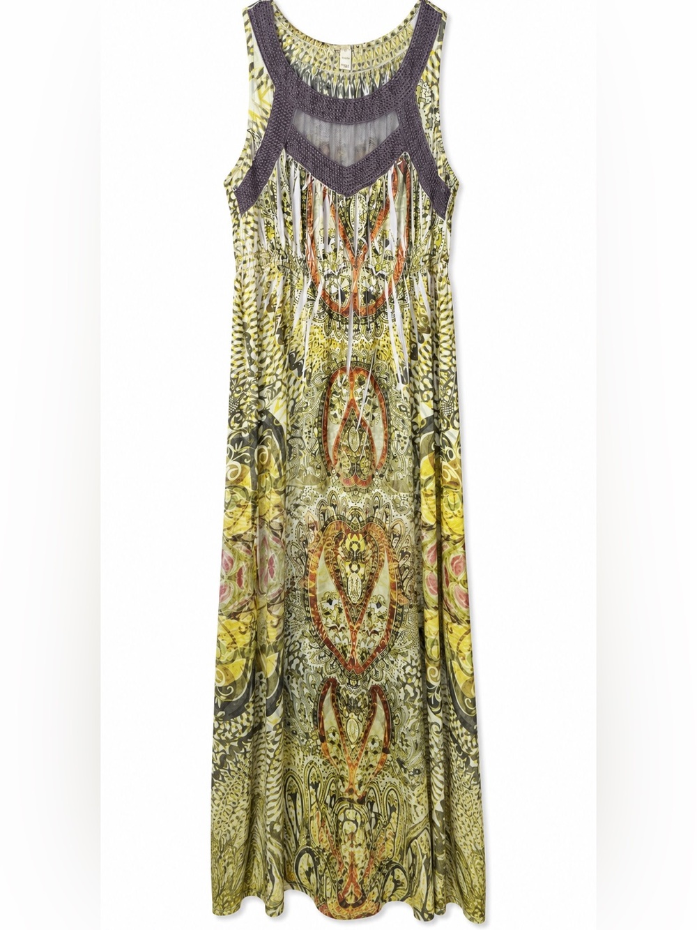 One World Boho Paisley Crochet Mesh Neck Sleeveless Maxi Dress Size Medium M